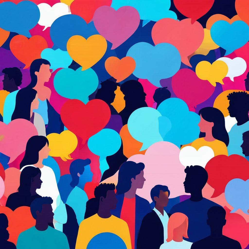 A serene yet intriguing digital landscape featuring a diverse group of people engaging in safe and respectful online interactions. Incorporate elements like heart icons and chat bubbles to emphasize communication, with a backdrop of social media logos subtly blended in. Use vibrant colors to create a welcoming atmosphere, while ensuring an air of professionalism to convey safety. This scene should inspire confidence and positivity in adult entertainment relationships. vibrant colors. digital art.