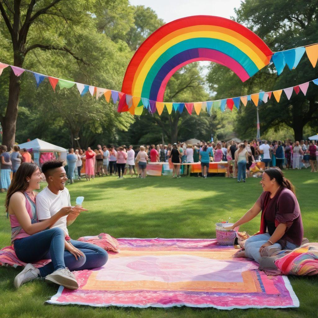 A vibrant, colorful community gathering featuring transgender and queer individuals of diverse backgrounds sharing laughter and joy in a park setting. Incorporate rainbow banners, playful decorations, and symbols of inclusivity such as pride flags and heart motifs. Show a diverse range of ages and styles, from edgy to traditional, to highlight the richness of the community. Include elements like picnic blankets, fun games, and an artistic mural in the background. super-realistic. vibrant colors. outdoor setting.