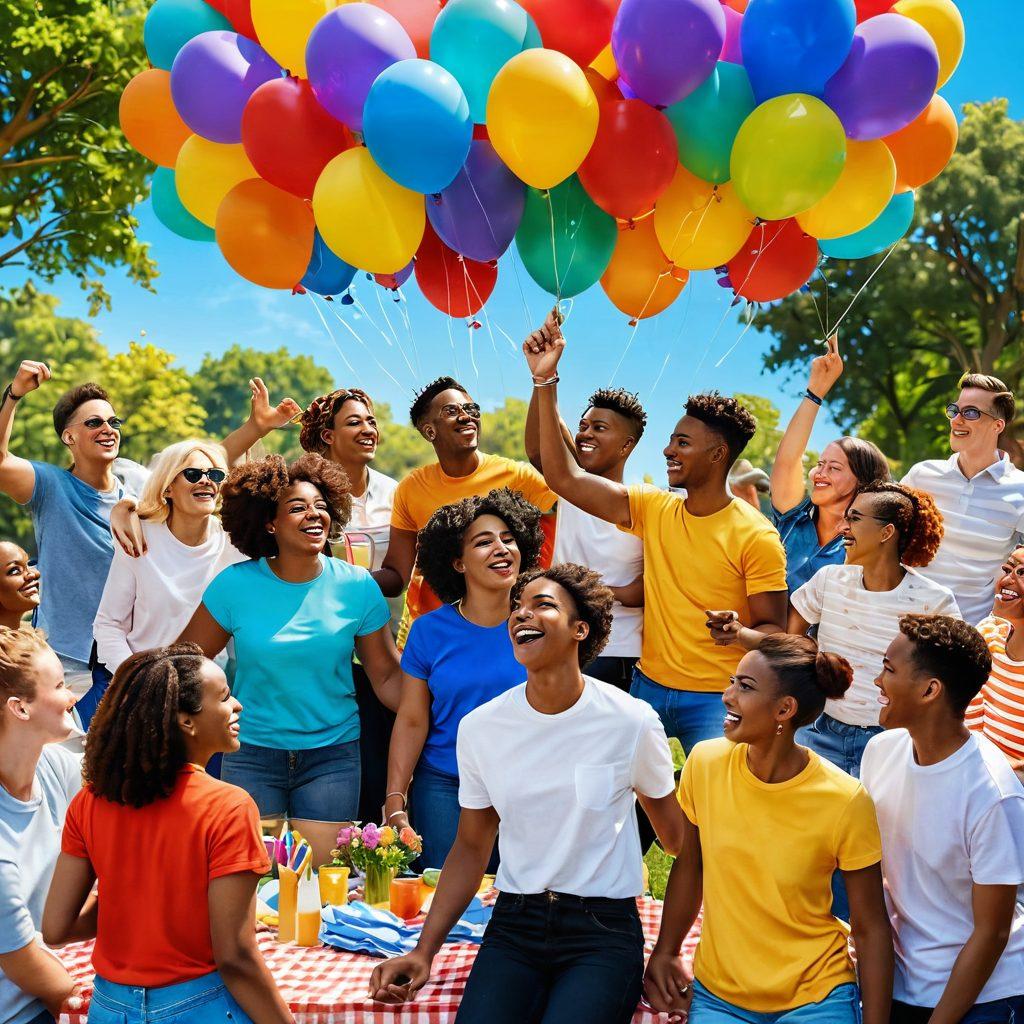 A vibrant and colorful scene of diverse LGBTQ+ individuals enjoying a joyful outdoor gathering, embracing and sharing laughter in a park filled with rainbow flags and balloons. Illustrate a sense of community and connection with a backdrop of blooming flowers and a bright blue sky. Include elements representing adventures, such as picnic baskets and games. super-realistic. vibrant colors. 3D.